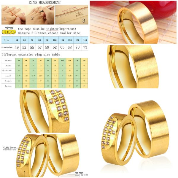 Nova Cor de Ouro Casal Anéis de Casamento Par de Anéis de Aço Inoxidável Com CZ Pedra, 2017 Moda