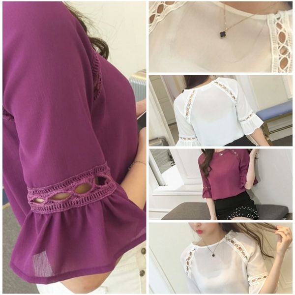 17 mulher blusa de chiffon verão meia manga oco out camisa moda sólidos o pescoço manga flare casual